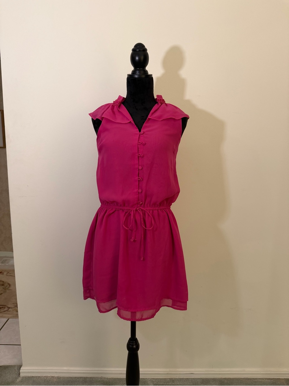 Tinley Road Sleeveless Ruffle Collar Drawstring Mini Dress in Fuchsia